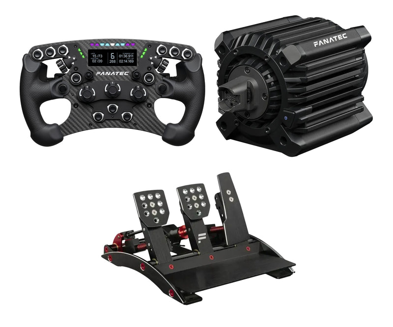 Fanatec ClubSport DD+ 18 Nm, Formula V3 front view and ClubSport Pedals V3