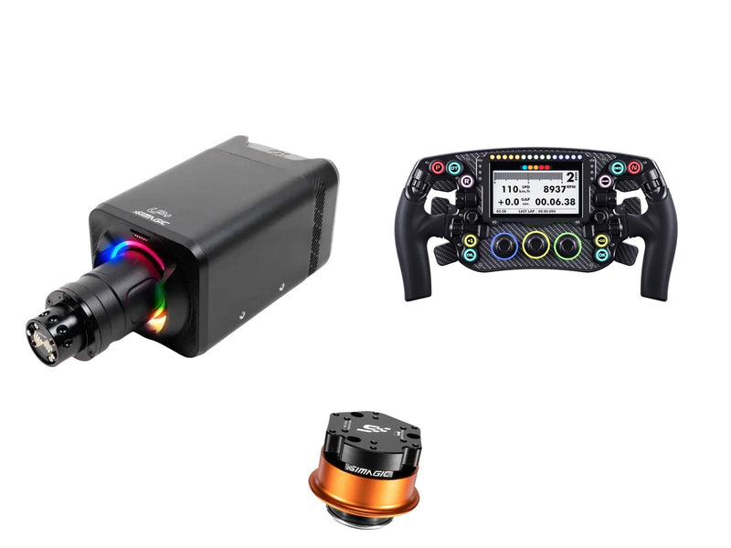 Simagic Alpha EVO 12 Nm + LEOXZ Steering Wheel + QR-A Bundle — front view steering wheel, wheelbase and QR-A