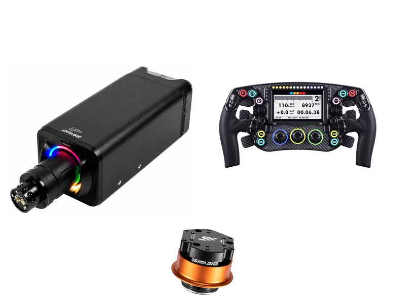 Simagic Alpha EVO Ultra 28 Nm + LEOXZ Steering Wheel + QR-A Bundle — front view steering wheel, wheelbase and QR-A