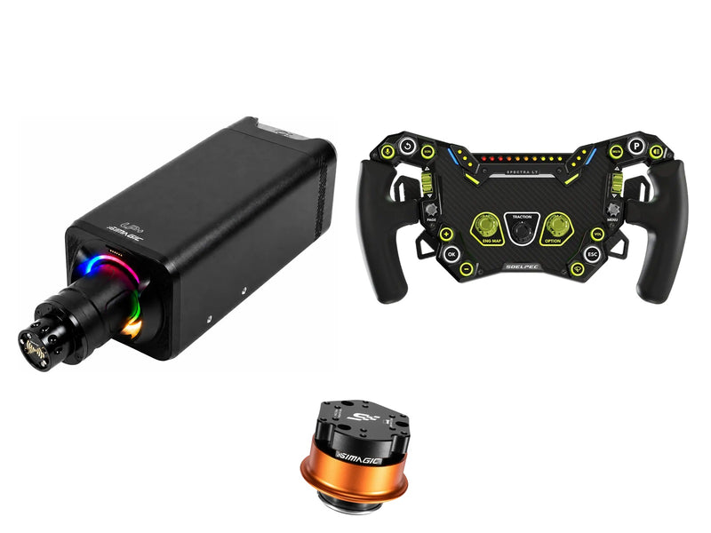 Simagic Alpha EVO Ultra 28 Nm + SOELPEC Steering Wheel + QR-A Bundle — SOELPEC Spectra LT – Formula-Style RGB Sim Racing Wheel — NEON